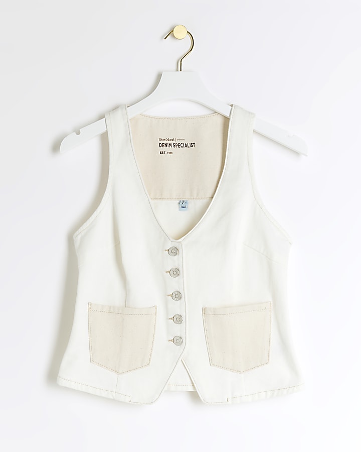 Beige button up denim waistcoat