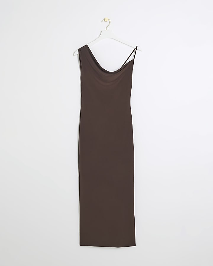 Brown asymmetric cowl neck bodycon midi dress