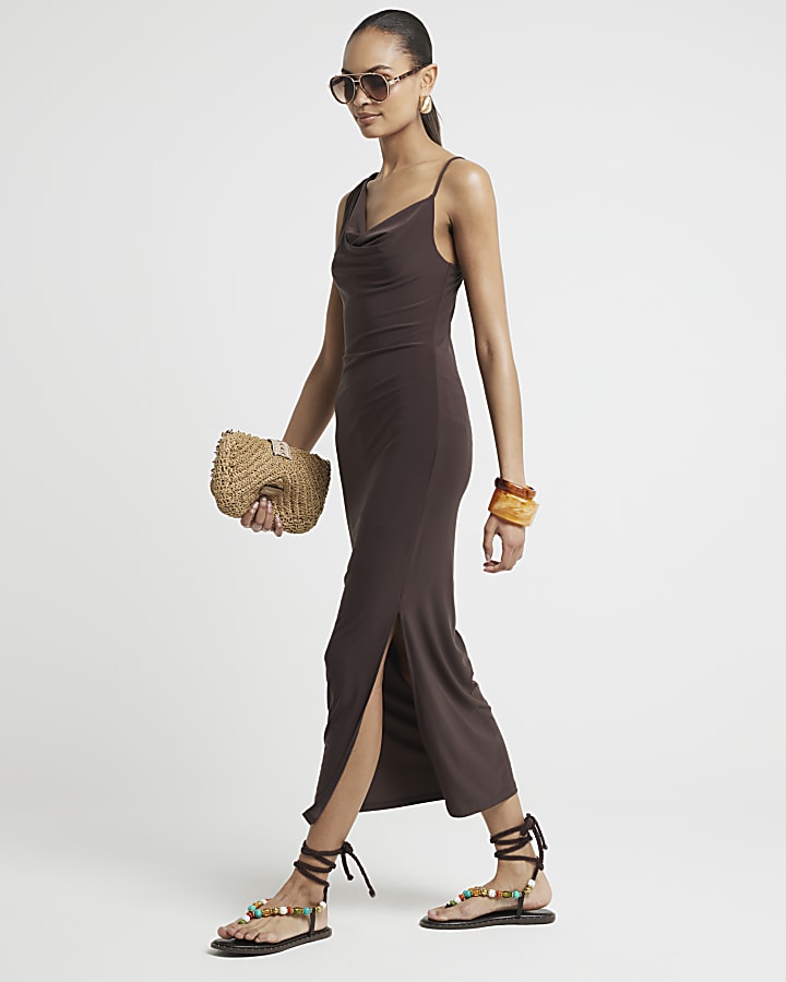 Brown asymmetric cowl neck bodycon midi dress