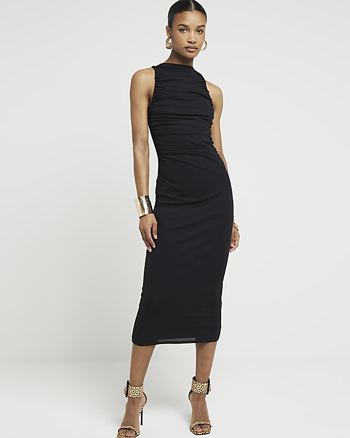 Black mesh ruched bodycon midi dress