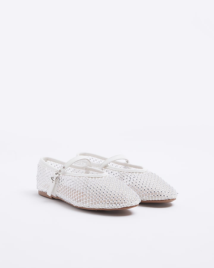 White Mesh Diamante Buckle Ballet Pumps