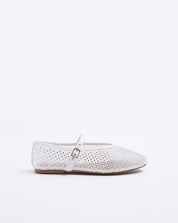 White Mesh Diamante Buckle Ballet Pumps