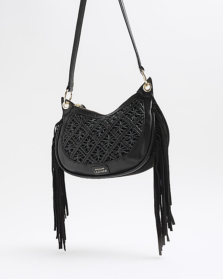 Black leather macrame shoulder bag