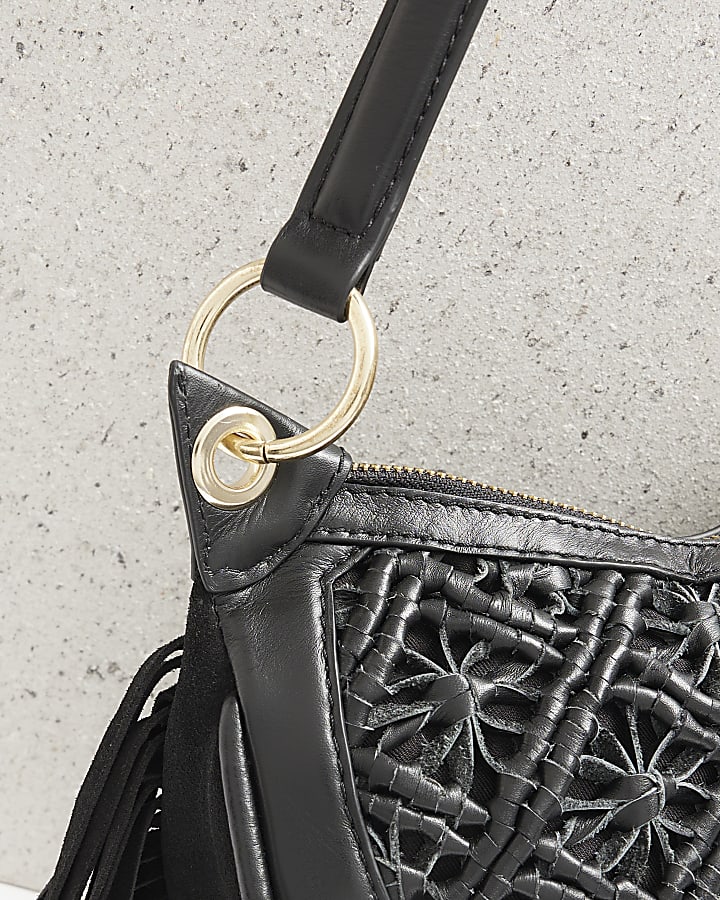 Black leather macrame shoulder bag