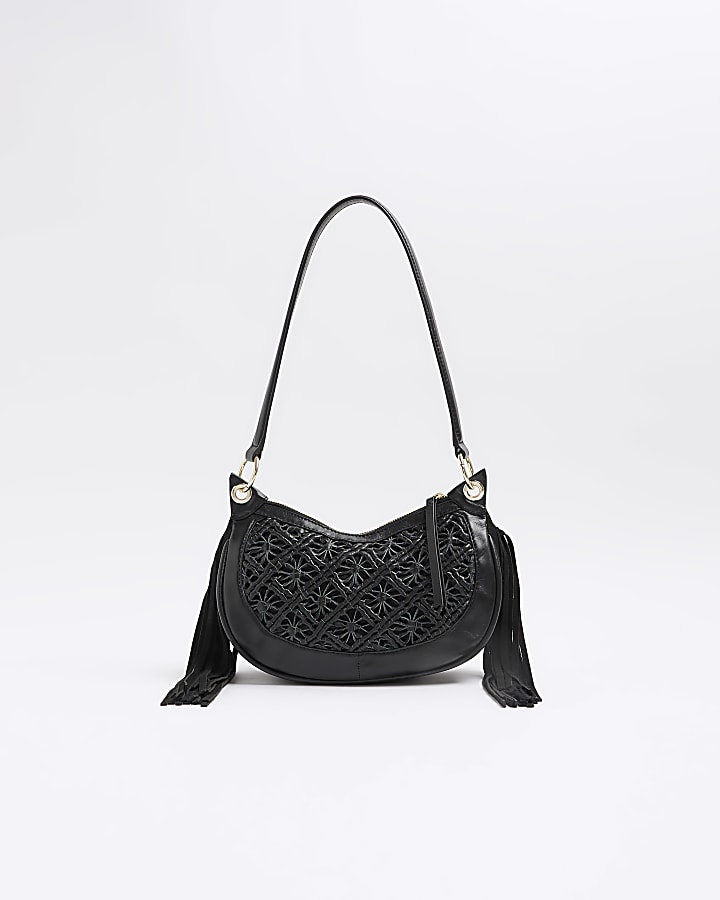 Black leather macrame shoulder bag