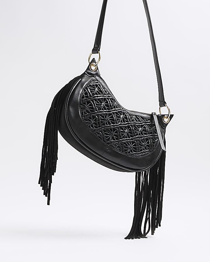 Black leather macrame shoulder bag