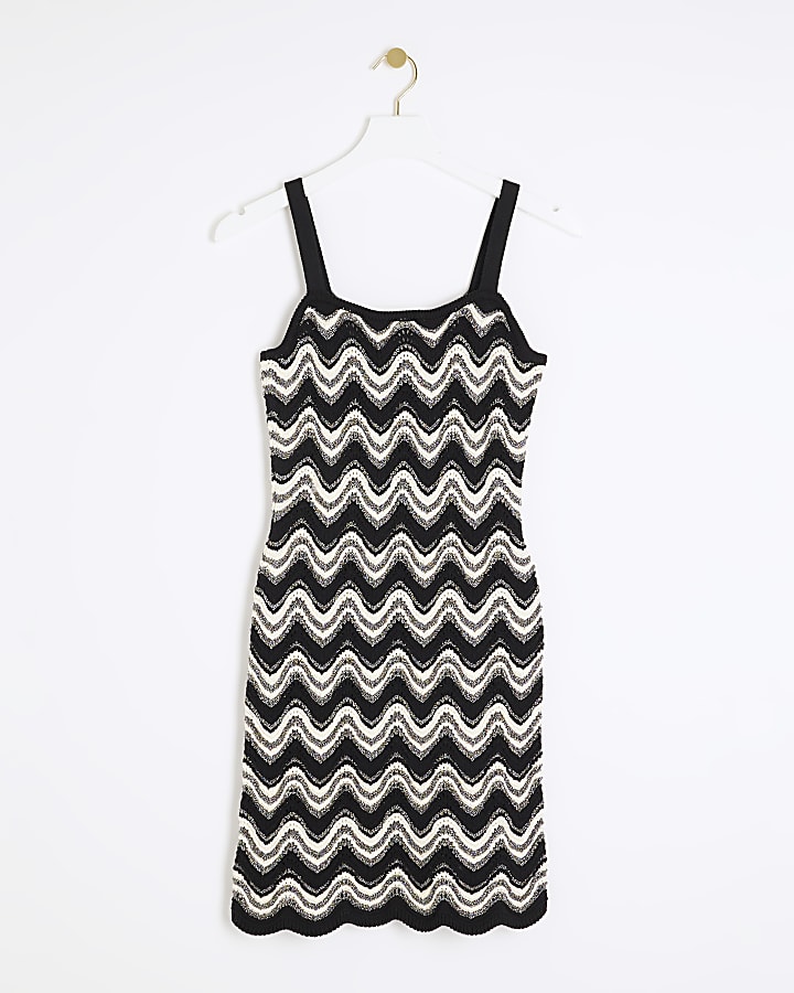 Black crochet knit chevron bodycon mini dress