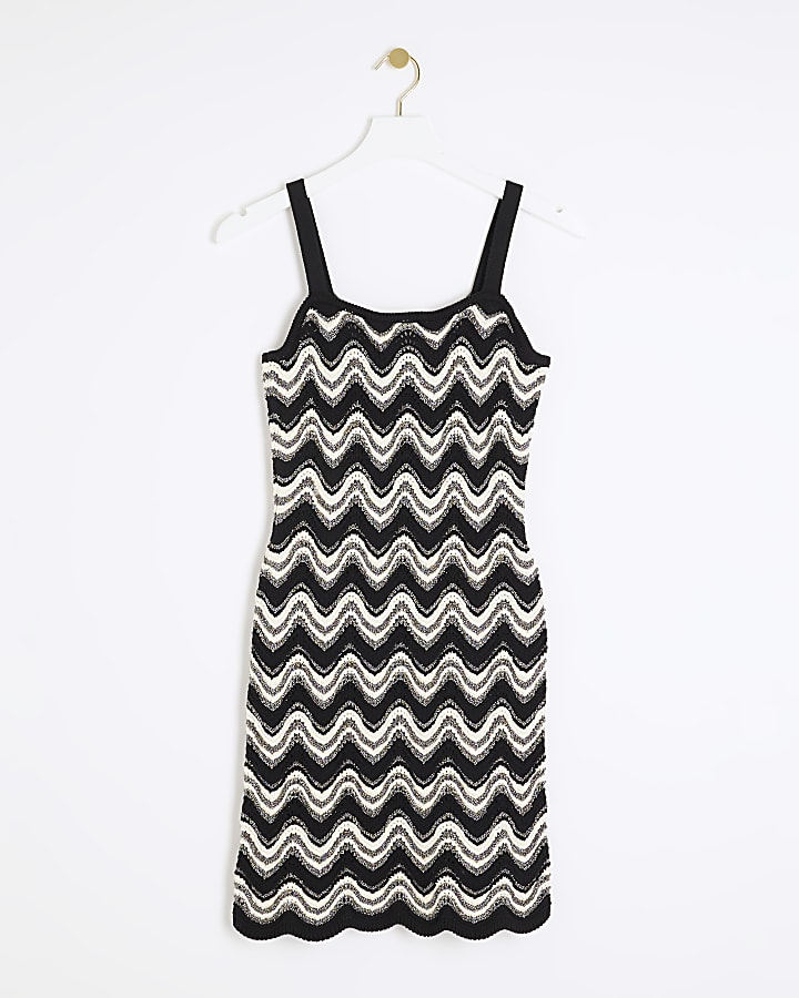 Black crochet knit chevron bodycon mini dress