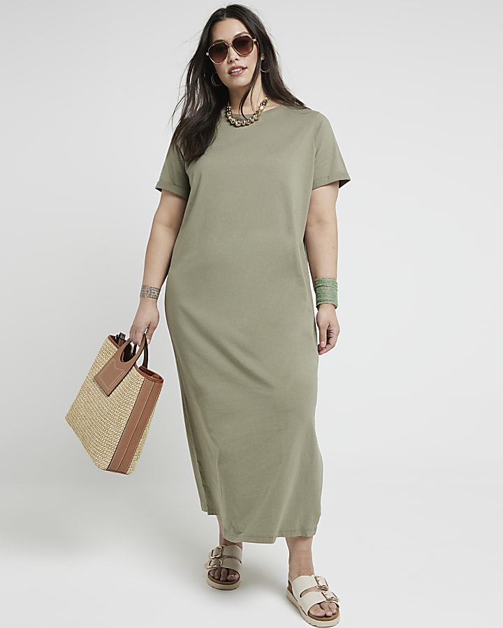 Plus khaki t shirt midi dress River Island