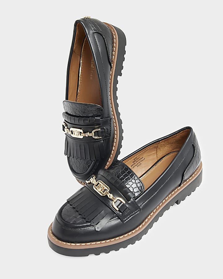 Black croc embossed fringe loafers