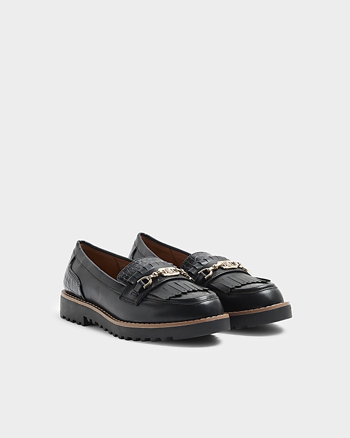 Black croc embossed fringe loafers