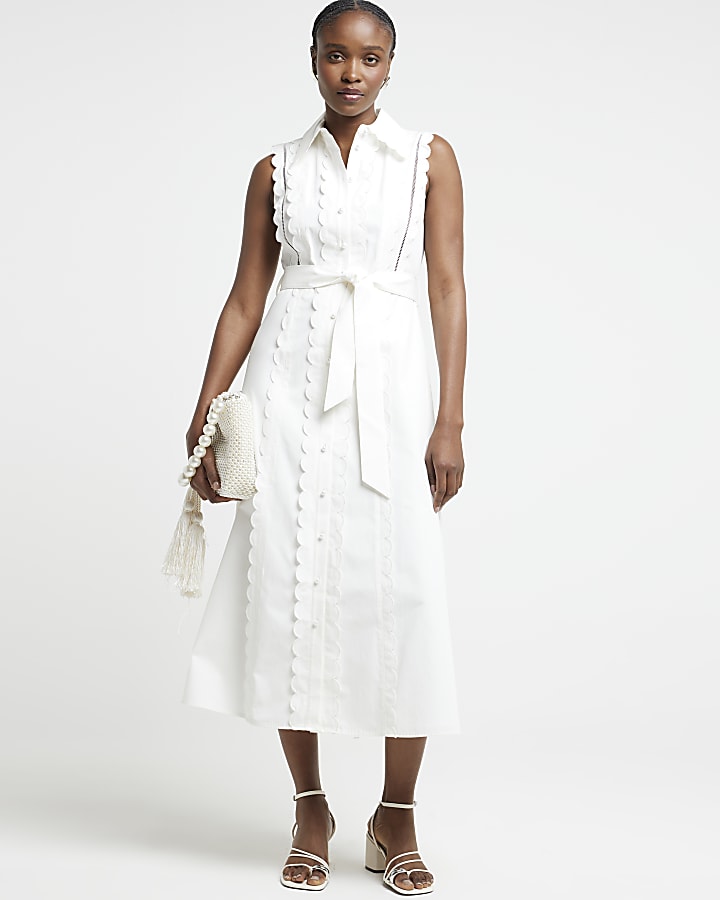 White scallop belted midi shirt dress River Island