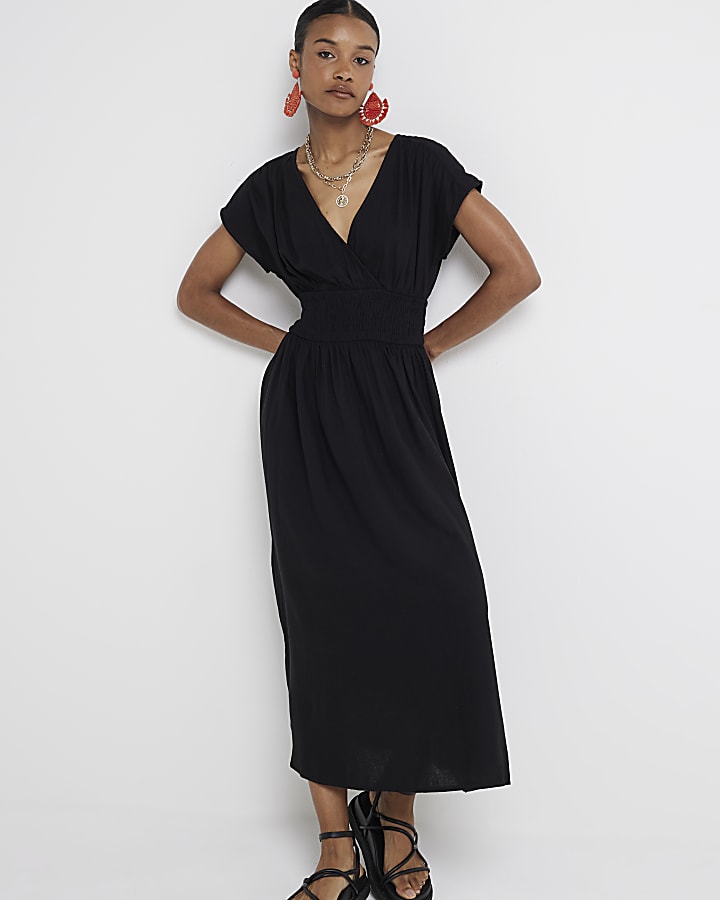 Black linen blend shirred skater midi dress