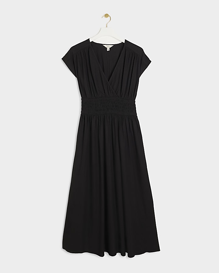 Black linen blend shirred skater midi dress