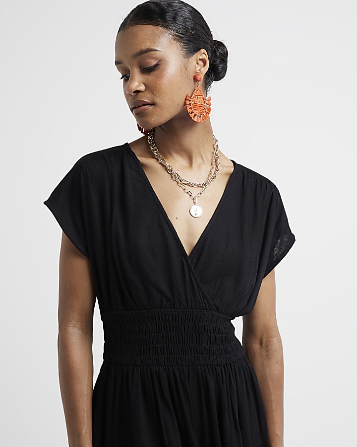 Black linen blend shirred skater midi dress