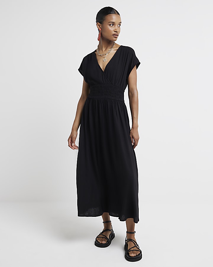 Black linen blend shirred skater midi dress