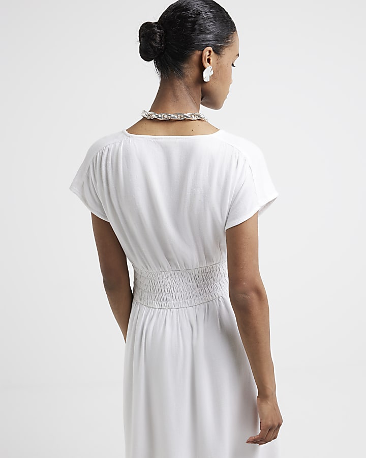 White linen blend shirred skater midi dress