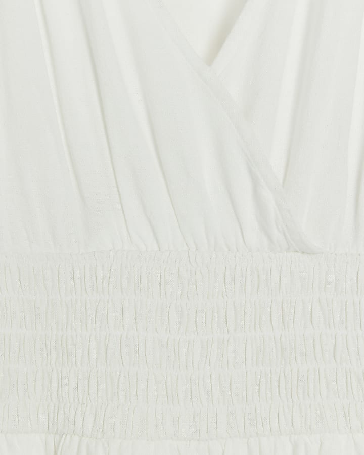 White linen blend shirred skater midi dress