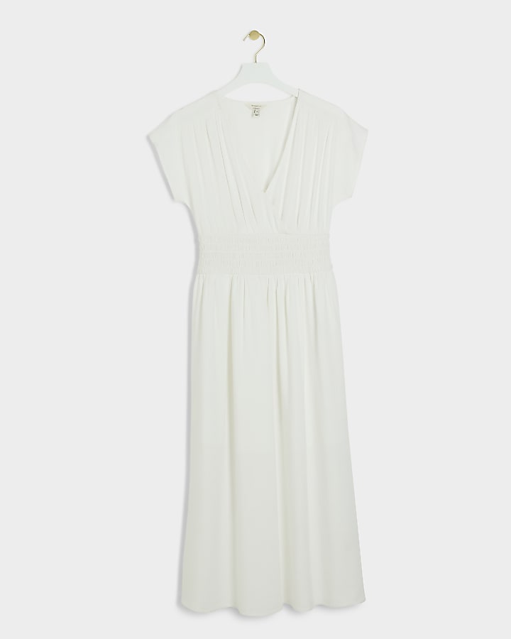 White linen blend shirred skater midi dress