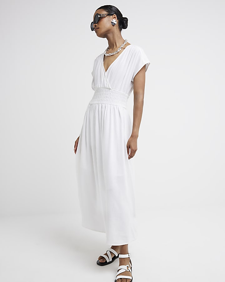 White linen blend shirred skater midi dress