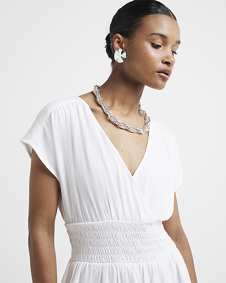 White linen blend shirred skater midi dress