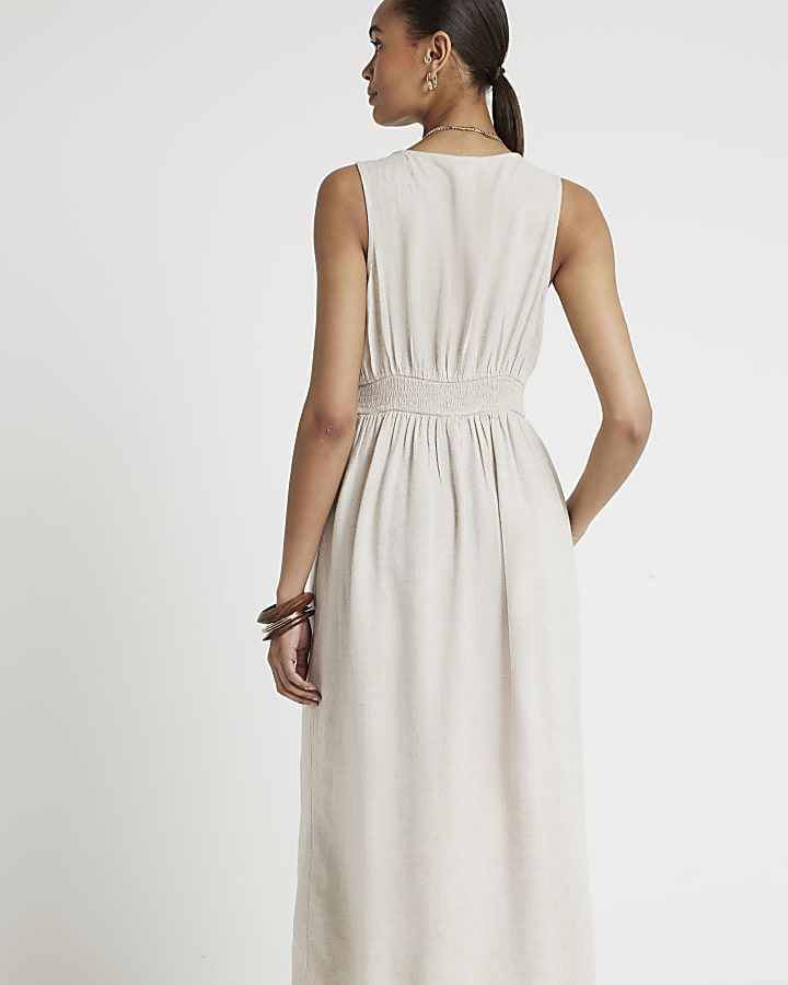 Beige embroidered skater midi dress