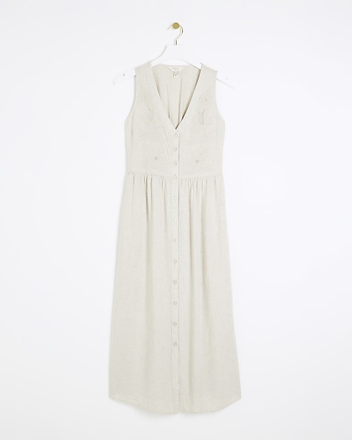 Beige embroidered skater midi dress