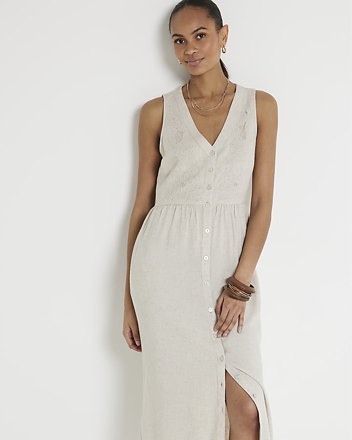 Beige embroidered skater midi dress