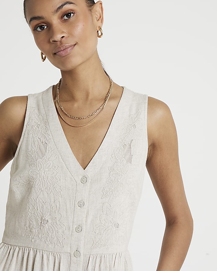 Beige embroidered skater midi dress