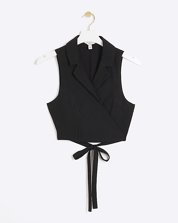 Black linen blend tie up waistcoat