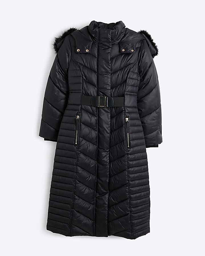 Petite black slim fit longline padded coat