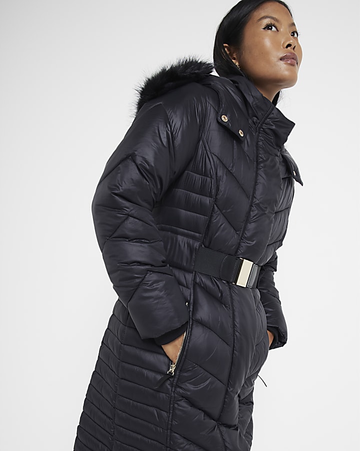 Petite black slim fit longline padded coat