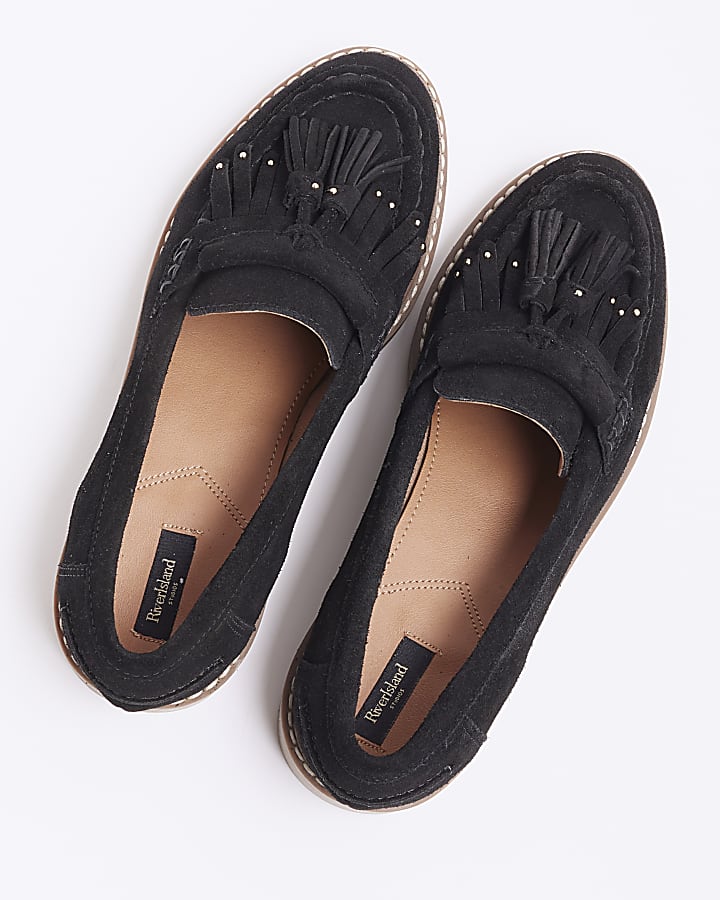 Black suede tassel detail stud loafers
