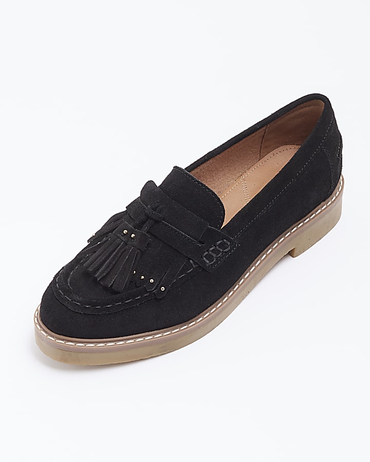 Black suede tassel detail stud loafers