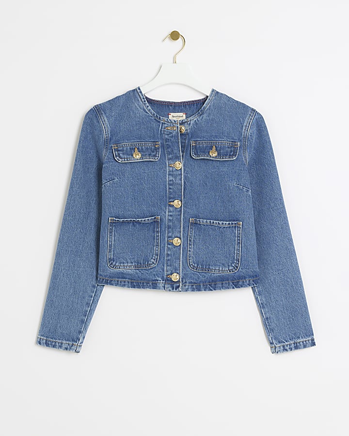 Blue denim crop trophy jacket