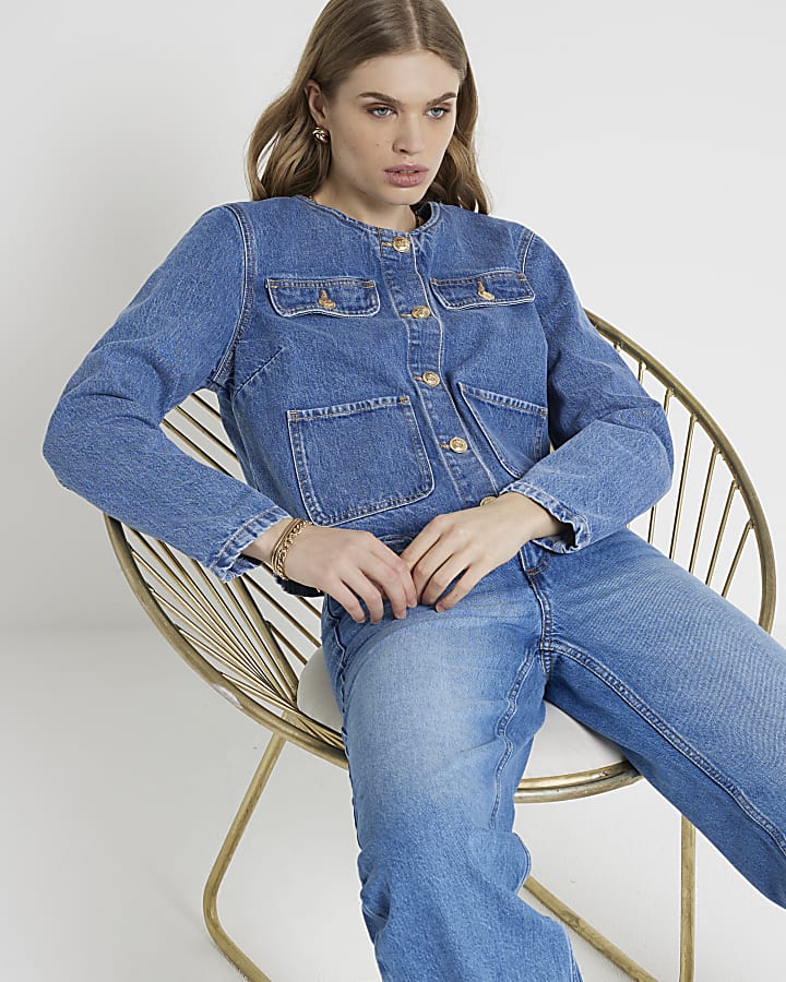 Blue denim crop trophy jacket River Island