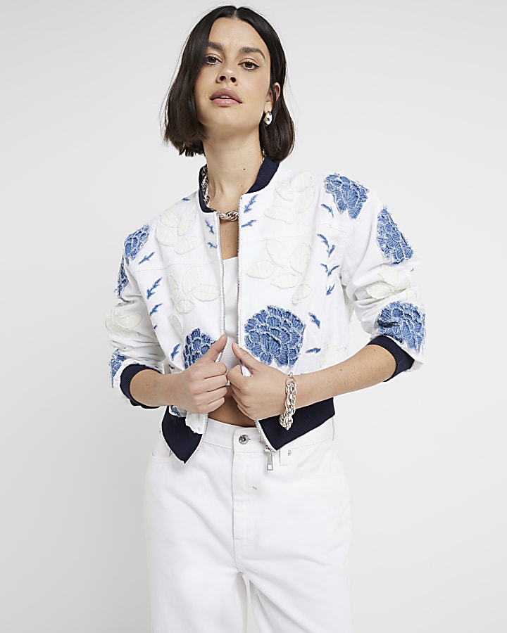 White embroidered cropped bomber jacket River Island