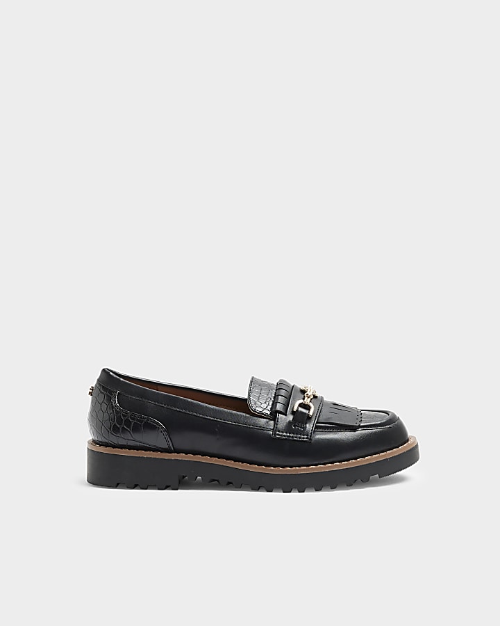 Black wide fit croc embossed fringe loafers