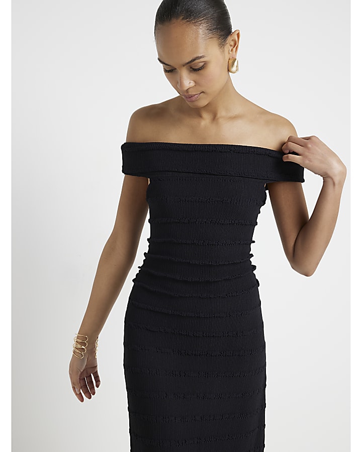 Black textured bardot bodycon maxi dress