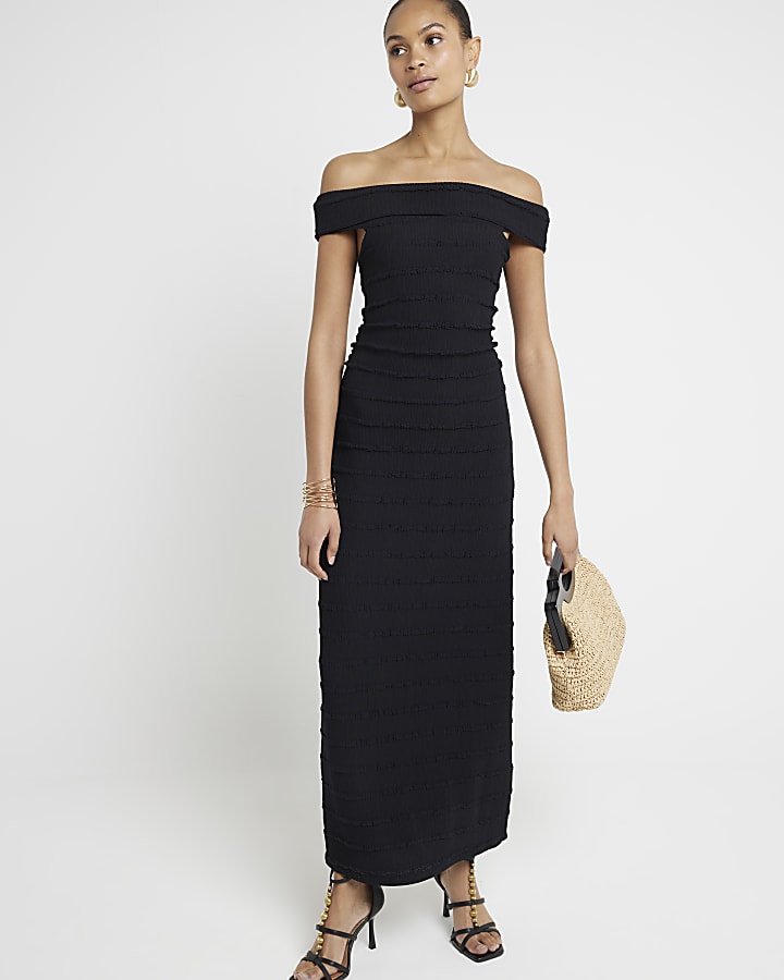 Black textured bardot bodycon maxi dress