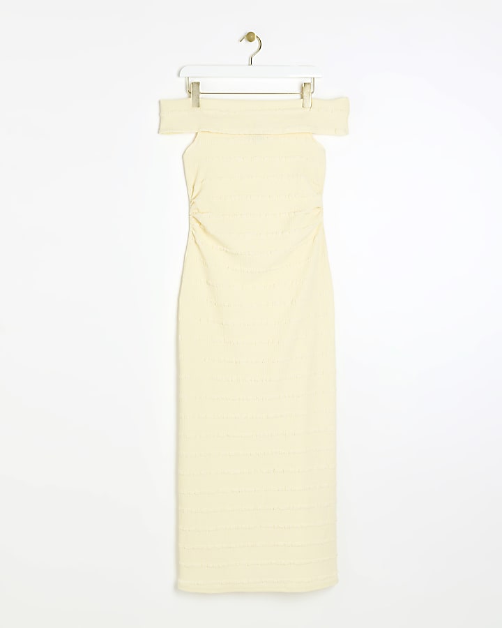 Yellow textured bardot bodycon maxi dress