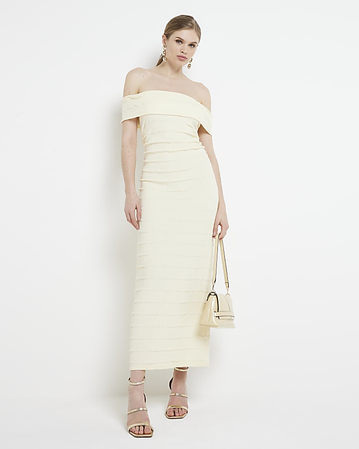 Yellow textured bardot bodycon maxi dress