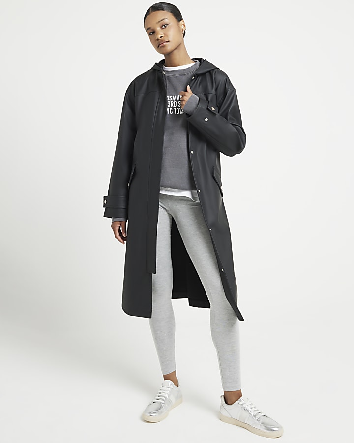 Black tie waist hooded rain coat