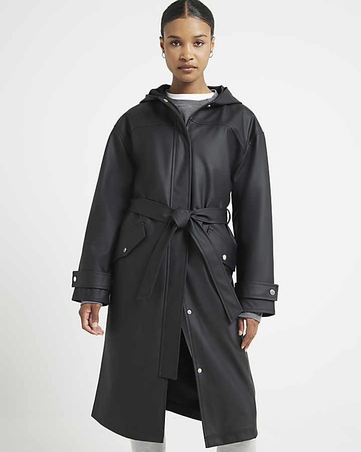 Black tie waist hooded rain coat