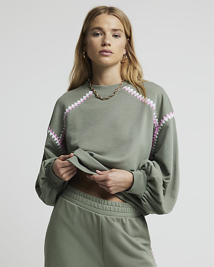 Khaki Whipstitch Elasticated Sweatshirt
