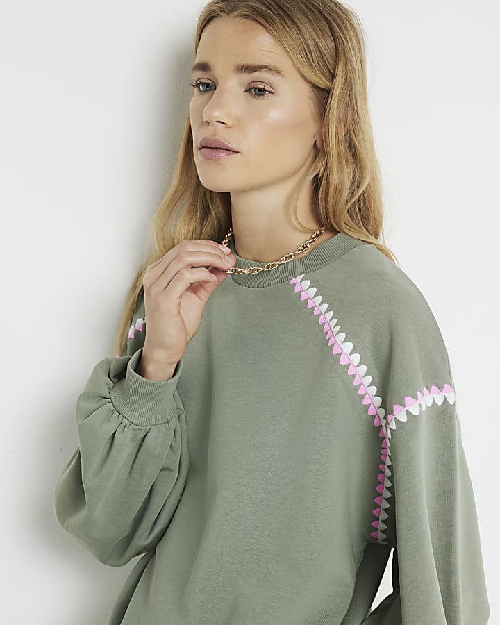 Khaki Whipstitch Elasticated Sweatshirt
