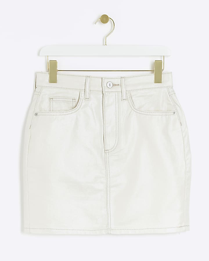 Beige metallic coated denim mini skirt