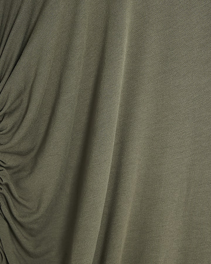 Khaki ruched side t-shirt midi dress