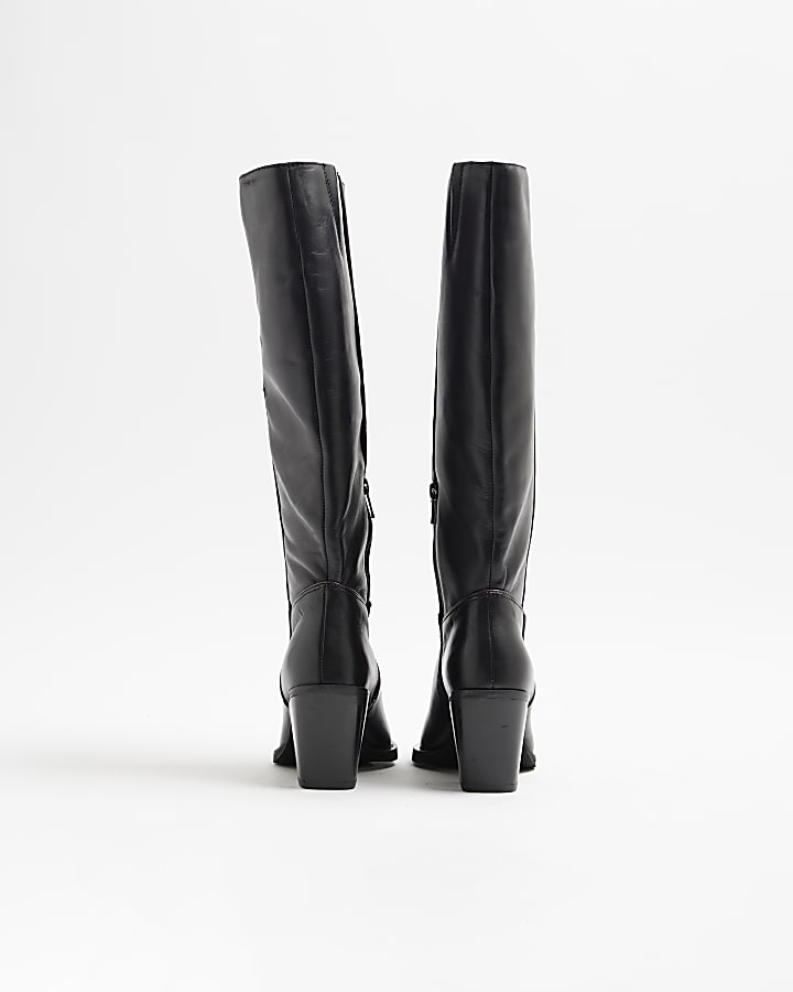 Black Leather High Leg Heeled Boots