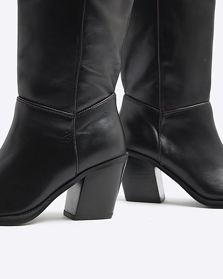 Black Leather High Leg Heeled Boots